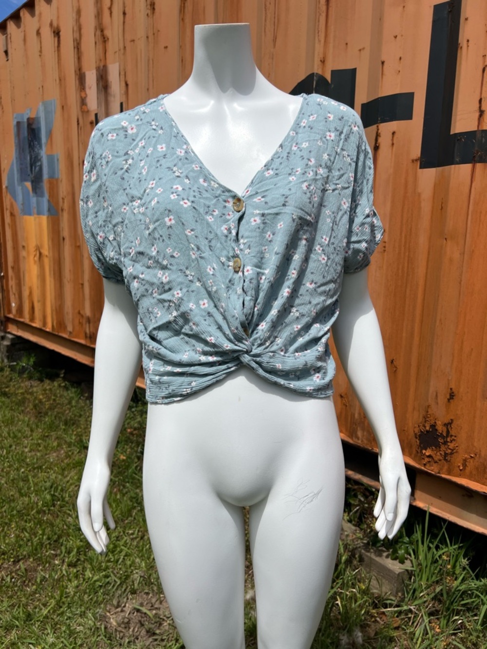 SO Mint Blue Floral Twist-Front Crop Top
